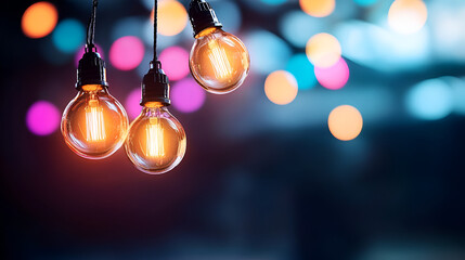 Wall Mural - Warm Light Bulbs Hanging with Blurred Colorful Bokeh Lights for Your Designs