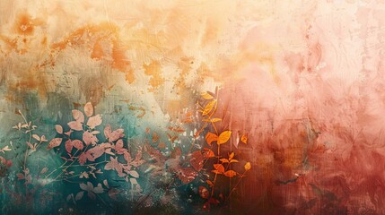 A vibrant abstract background featuring soft hues of orange, teal, and pink with delicate leaf patterns, evoking a sense of tranquility and warmth. 