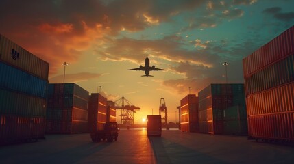 Cargo containers at sunset with a plane flying overhead