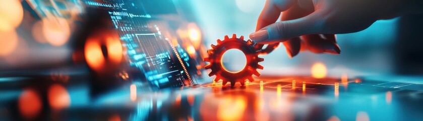 A hand holds a gear amidst an array of digital elements, symbolizing technology and innovation in the modern workspace.