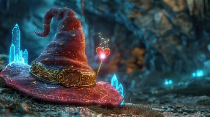 Enchanting red wizard hat with glowing crystals and a magical heart wand in a mystical cave setting.