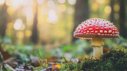 Close-up of a red mushroom in the forest, with a soft focus background and space for copy.