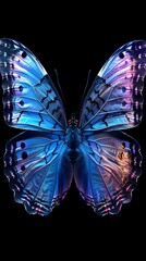 Wall Mural - Mesmerizing Neon Blue and Purple Butterfly Wings with Intricate Patterns on Black Background