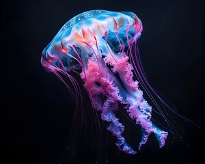 Wall Mural - Mesmerizing Neon Jellyfish with Glowing Tentacles Floating Against Black Background