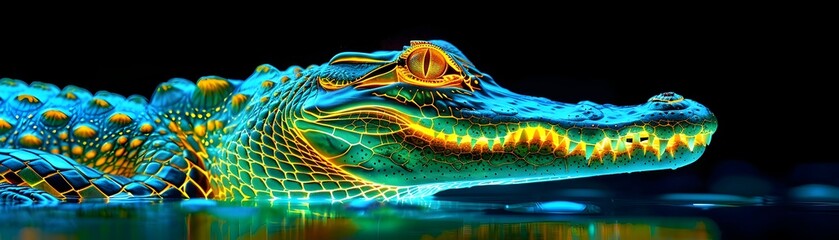 Wall Mural - Neon Crocodile Lurking Menacingly on Black Background with Glowing Scales