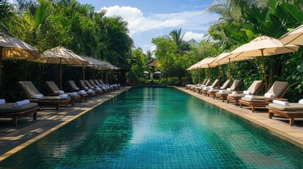 Serene swimming pool surrounded by sunbeds and umbrellas at a luxury resort, with clear blue water and lush surroundings.