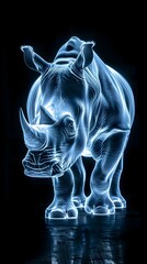 Poster - Neon Rhinoceros Glowing Powerfully on Black Background with Copy Space