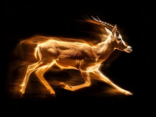 Wall Mural - Neon Antelope Swiftly Glowing in Brown and White Against Isolated Black Background with Copy Space