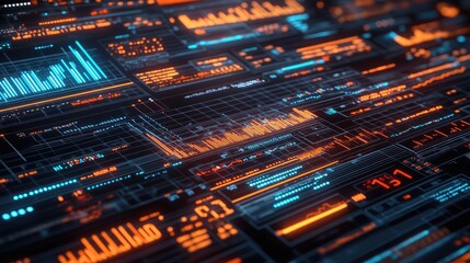 Abstract futuristic background with data, graphs, and digital lines in neon blue and orange.