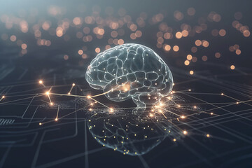 A digital rendering of a glowing brain with neural connections, set against a dark background with abstract data points, representing artificial intelligence and technology.