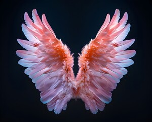 Poster - Ethereal Angel Wings Glowing in Gentle Pink Hue Against Black Background