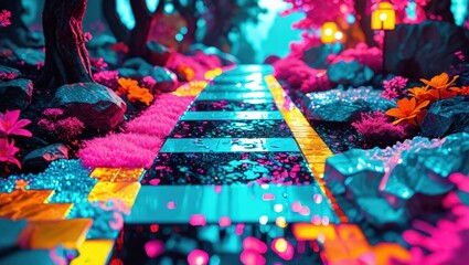 Wall Mural - Neon Pathway in a Dreamlike Forest.