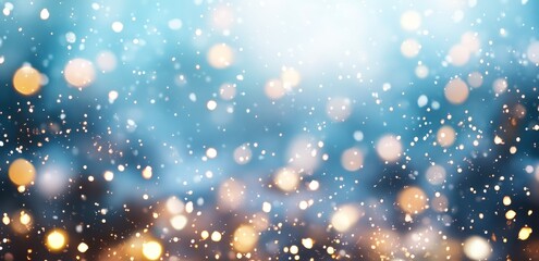 Wall Mural - Abstract background with bokeh lights and snowflakes on a blue sky.