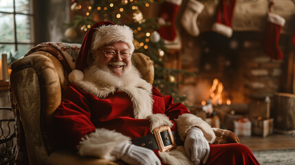 Wall Mural -  a smiling santa claus in a living room with a christmas tree and festive decoration