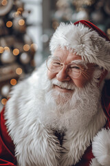 Wall Mural -  a smiling santa claus in a living room with a christmas tree and festive decoration