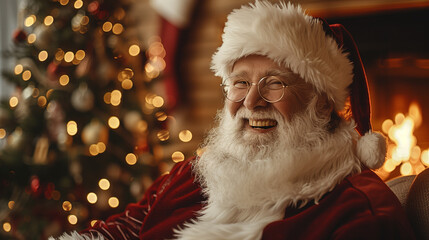 Wall Mural -  a smiling santa claus in a living room with a christmas tree and festive decoration