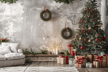 living room with christmas trees and decorations, wooden floor. christmas background for photo shoot