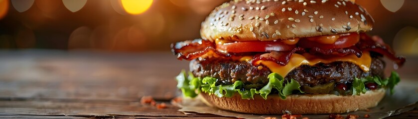 Wall Mural - Juicy Bacon Cheeseburger with All the Fixings Against Classic Diner Background