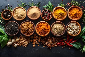 Wall Mural - Variety of Colorful Spices and Herbs in Wooden Bowls on Dark Background - Culinary Ingredients and Flavors