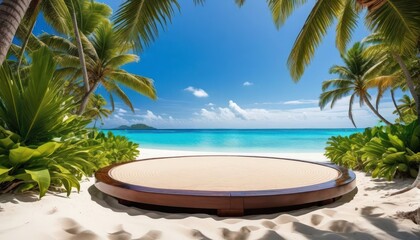 Beautiful platform podium on a tropical beach. Realistic mock-up for product promotion. Abstract modern minimal background with empty podium