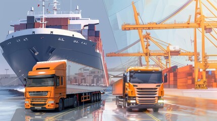 Wall Mural - Freight ship and truck sketch for transport process with copy space, covering all objects, deep depth of field.