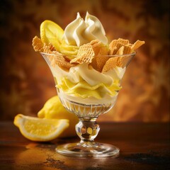 Sticker - A delicious dessert featuring creamy lemon soft serve and crispy wafers in a glass cup.