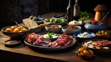 Rustic wooden table with an array of tapas dishes