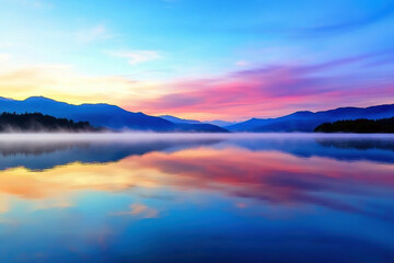 Wall Mural - A beautiful blue lake with a pink and purple sky in the background. The sky is filled with clouds and the sun is setting