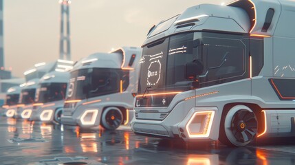 Wall Mural - Unique logistics vehicles with innovative shapes, copy space, covering all objects, deep depth of field.