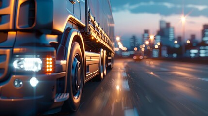 Wall Mural - Logistic fleet transporting goods in cityscape, vehicles, supplies, and cargo with copy space, covering all objects, deep depth of field.