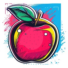 Sticker - A vibrant, stylized illustration of an apple with a leaf, showcasing bright colors and bold lines.