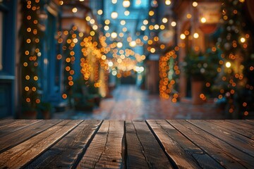 Wall Mural - a well cleaned old wooden table, with a blurred street decoration background with festive bokeh ligh