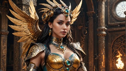 Powerful Woman Warrior in Golden Armor and Crown.