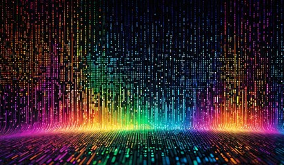 Imagine a vibrant canvas illuminated by a cascade of colorful binary code