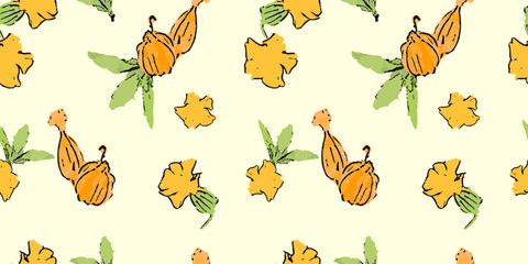 Wall Mural - Autumn Physalis Flower or Chinese Lantern Seamless Pattern. Cute Floral seasonal background. Plant background for fashion, wallpapers, print. Trendy floral design