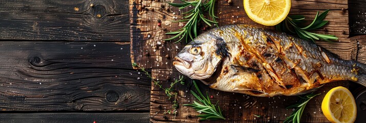 Grilled Fish. Fresh Dorado Bream on Mediterranean Kitchen Table with Lemon