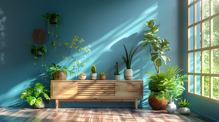 Canvas Print - Mock up blue wall with decoration and plants on cabinet wooden. 3d rendering