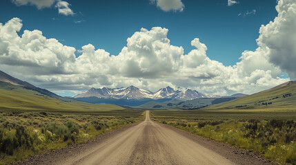 A stunning view of an endless dirt road that leads to majestic mountains, with a sky full of fluffy white clouds.