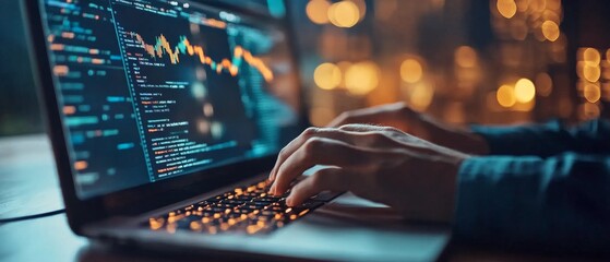Hands Typing on Laptop with Code and Data Analytics on Screen in Modern Office Setting