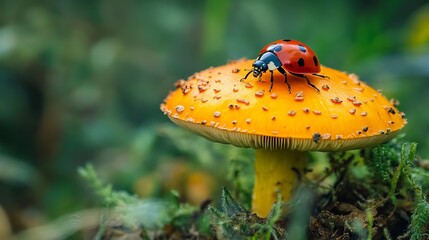 Poster - A ladybug is sitting on a mushroom. The mushroom is orange and green. The ladybug is red and black