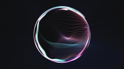 Poster - Abstract looped multicolored energy sphere of particles, lines and waves with bright magical glow on black background, 4k video