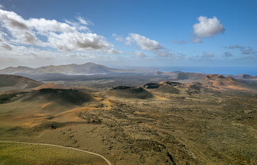 The drone aerial footage of volcanoes in the Timanfaya natural park, Lanzarote, Spain. Timanfaya National Park in the southwestern part of the island of Lanzarote, in the Canary Islands.