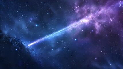 a bright blue comet streaks through a dark blue and purple space with white stars and a nebulae in t