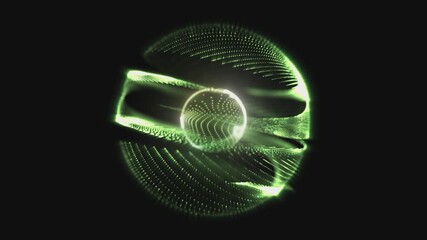 Wall Mural - Abstract looped dynamic green energy sphere with magical glowing particles and lines that intersect each other on a black background and a core in the center, 4K video