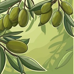 Canvas Print - Illustration of green olives on branches with leaves against a soft background.