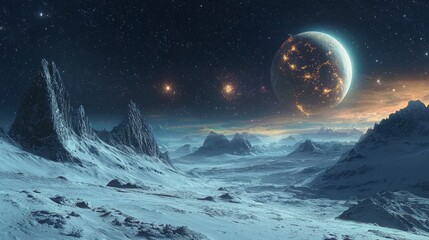 Wall Mural - Alien Landscape With City Lights And Stars.