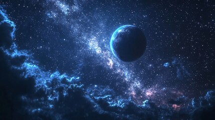 Wall Mural - Blue Planet in Starry Night Sky.