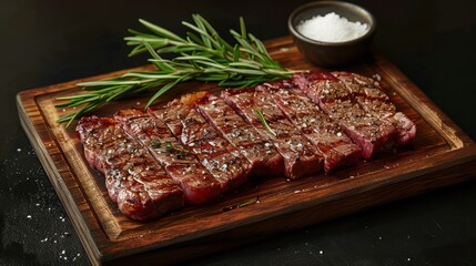 Grilled Steak on Wooden Cutting Board with Rosemary