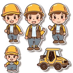 Sticker - A collection of cartoon construction workers and a vehicle, showcasing various expressions and poses.