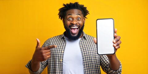 Wall Mural - excited black man with smartphone showing blank screen